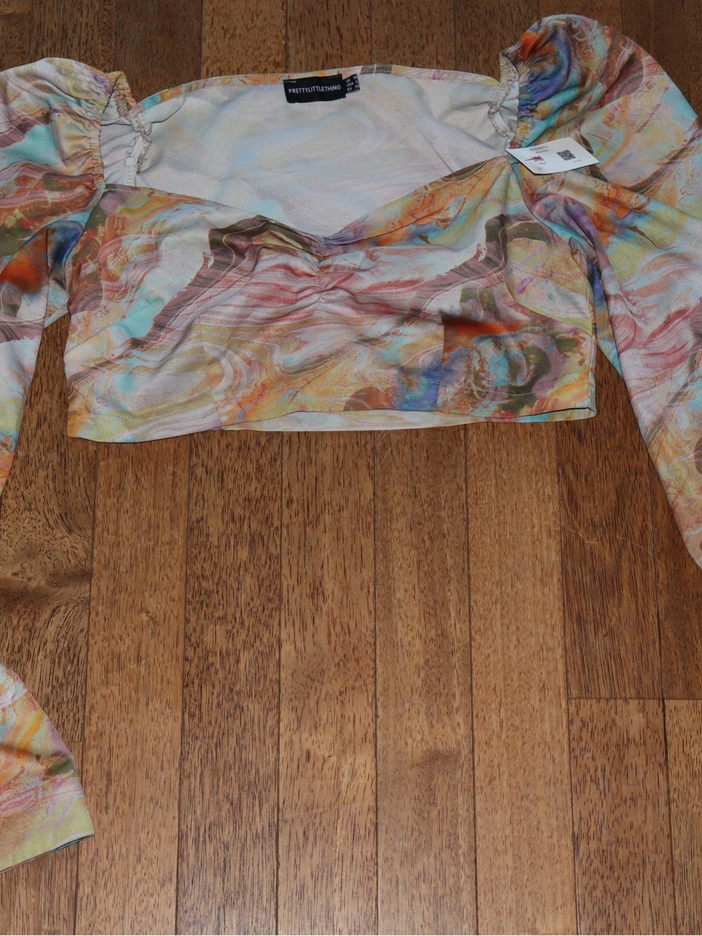 PrettyLittleThing Pastel Marble Puff Sleeve Crop Top in Mint, Peach & Lavender